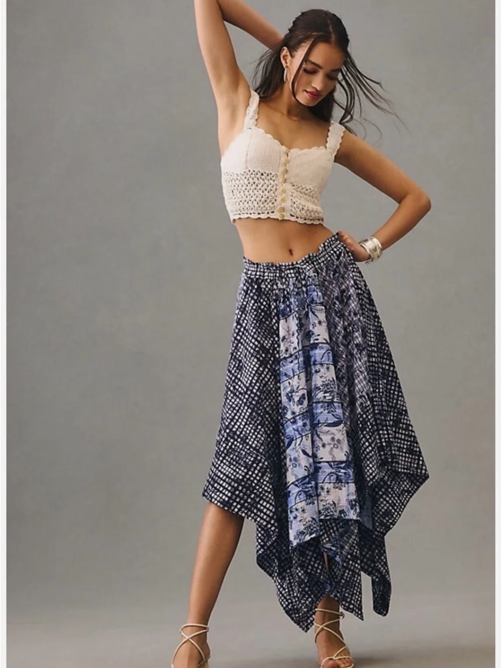 Boho Festival Anthropologie Pilcro Handkerchief Hem Maxi Skirt in Navy and Blue - Picture 1 of 8